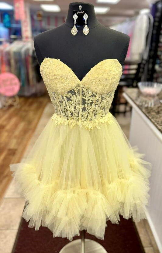 Strapless Short Homecoming Dress with Ruffle Skirt and Leaf Lace Top