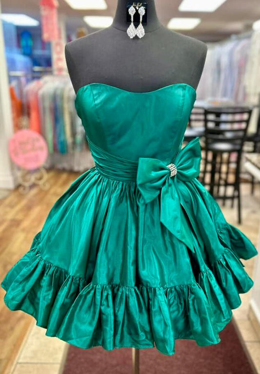 Strapless Short Homecoming Dress with Bow and Ruffle Skirt