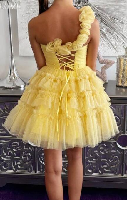 One Shoulder Short Homecoming Dress with Key Hole and Ruffle Skirt