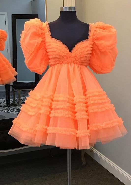 Short Homecoming Dress with Ballon Sleeves and Ruffle Skirt