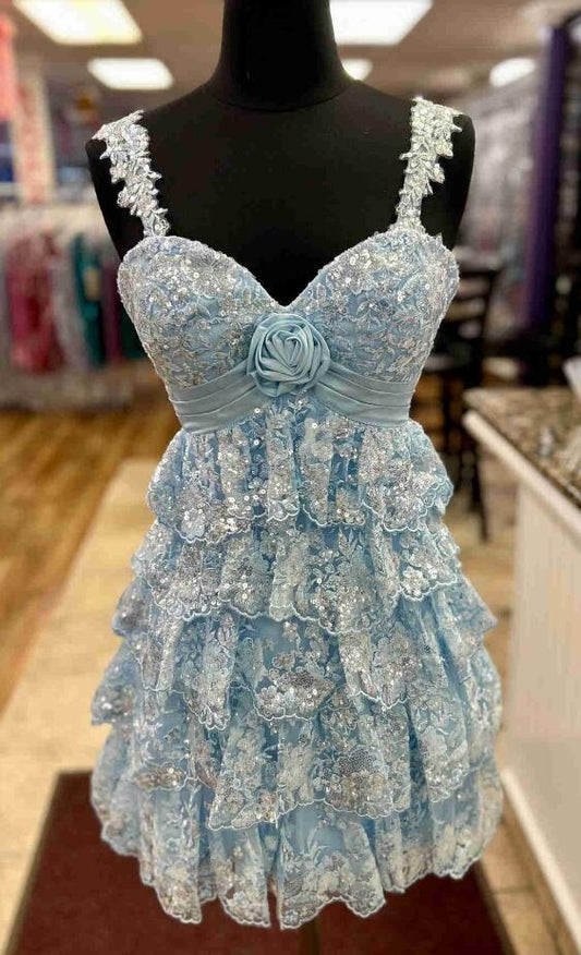 Straps Sequins Lace Short Homecoming Dress with Ruffle Skirt