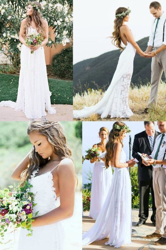 Casual Boho Spaghetti Straps Lace A-line Floor-Length Beach Wedding Dresses DTB140
