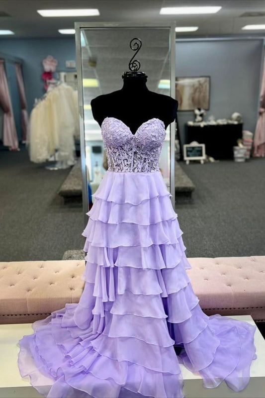 Strapless Chiffon Long Prom Dress with Lace Corset Bodice and Ruffle Skirt