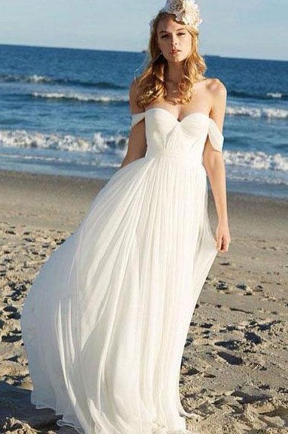Off the Shoulder A-Line Chiffon Beach Wedding Dress DTB145