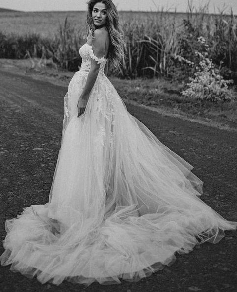 Off the Shoulder Tulle/Lace Beach Wedding Dresses DTB104