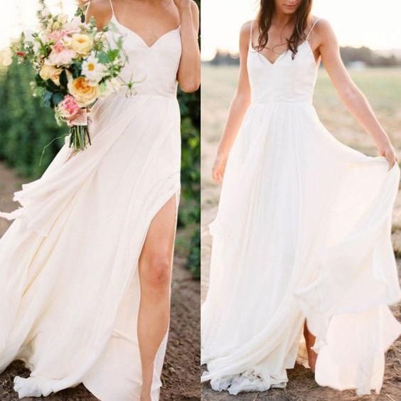 Casual Spahgetti Straps V Neck A-line Floor-Length Beach Wedding Dresses DTB141