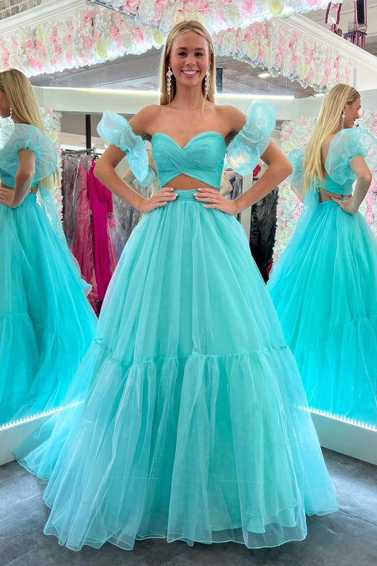 Two Pieces Tulle Long Prom Dress with Removable Sleeves