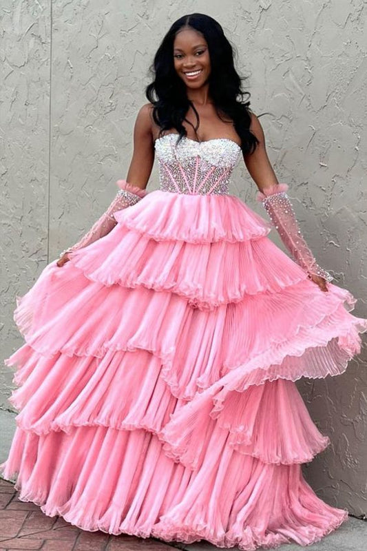 Strapless Long Prom Dress with Pleated Organza Ruffle Skirt and Removable Pearl Sleeves