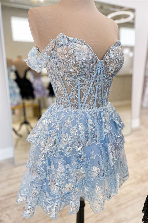 Tulle Sequin A-Line Homecoming dress with Sheer Corset Bodice and Ruffle Skirt