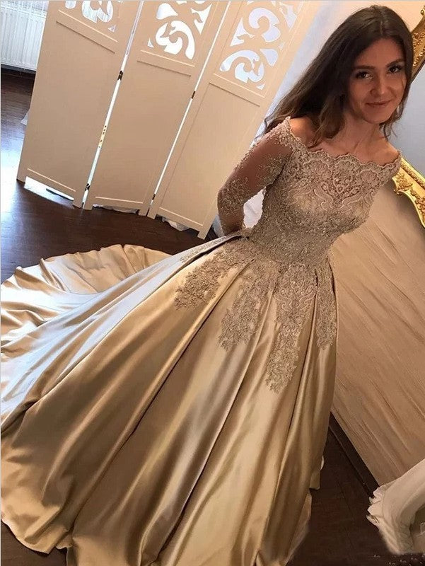 Champagne Gold Prom Dress Long Sleeves, Prom Dresses, Pageant Dress, Evening Dress, Ball Dance Dresses, Graduation School Party Gown