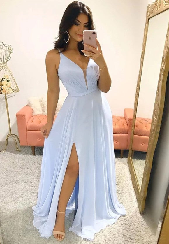Light Blue Prom Dress with Slit, Pageant Dress, Evening Dress, Dance D