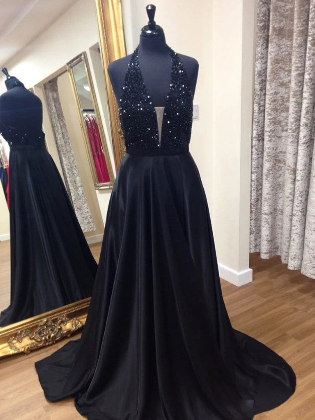 Black Prom Dress Halter Neckline, Pageant Dress, Evening Dress, Dance Dresses, Graduation School Party Gown