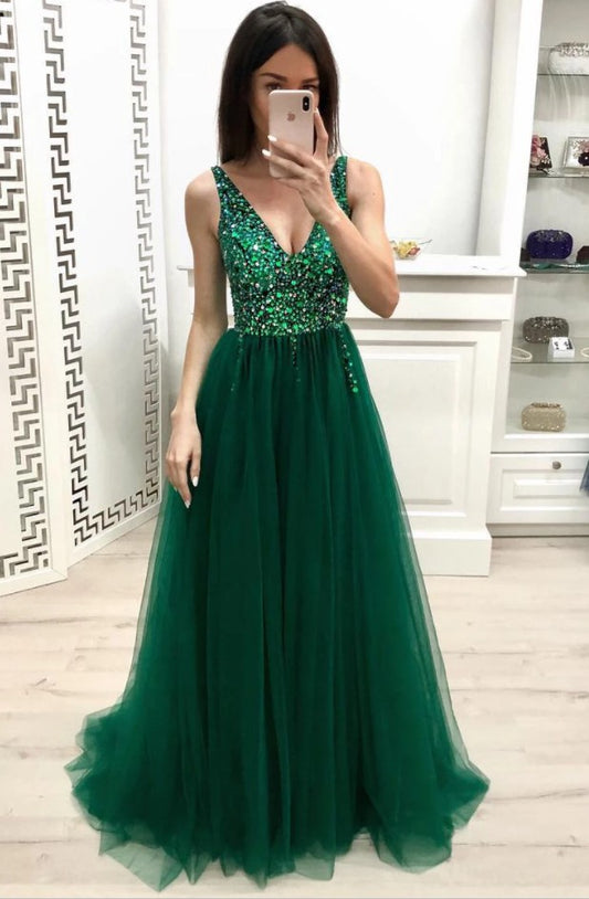 Green Prom Dress V Neckline, Pageant Dress, Evening Dress, Dance Dresses, Graduation School Party Gown