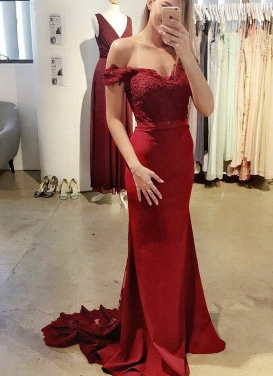 Burgundy Prom Dress Off The Shoulder Straps, Evening Dress, Dance Dresses, Graduation School Party Gown