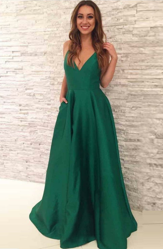 Green Prom Dress Satin Fabric, Evening Dress, Dance Dresses, Graduation School Party Gown