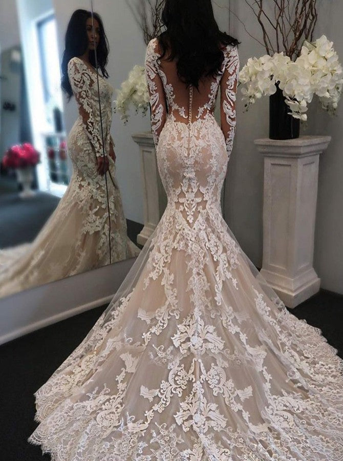 Mermaid Lace Wedding Dress Long Sleeves, Bridal Gown ,Dresses For Brides