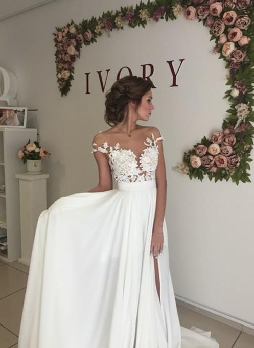 Sexy Chiffon Wedding Dress Slit Skirt, Bridal Gown ,Dresses For Brides