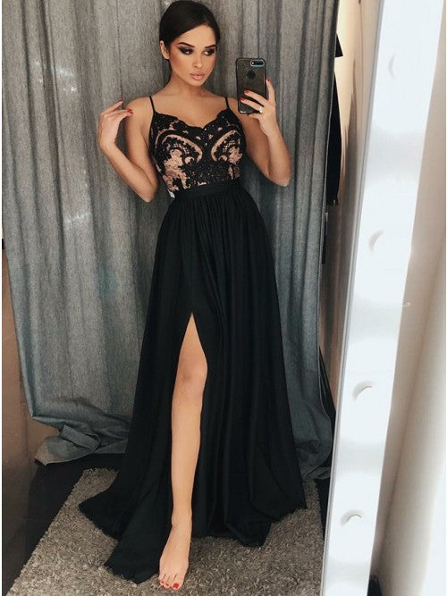 Black Prom Dress with Slit, Prom Dresses, Evening Gown, Graduation School Party Dress