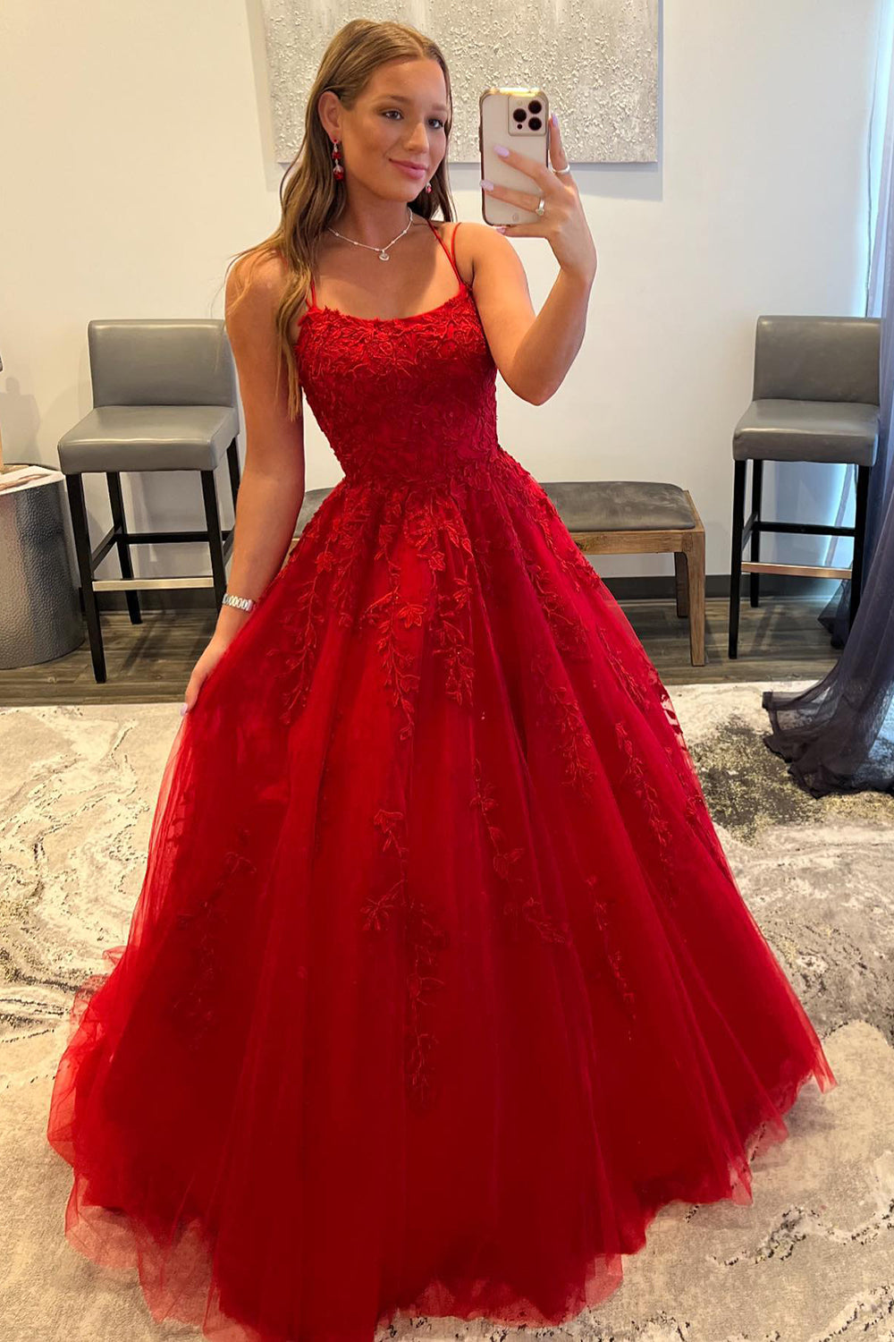 Red Leaf Lace Ball Gown Long Prom Dresses with Pearls