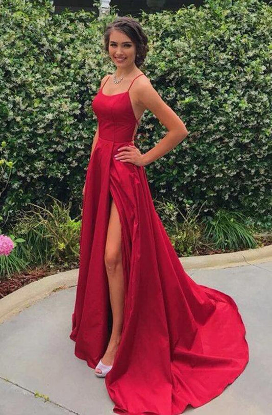 Red Sexy Side Slit Spaghetti Straps Cheap Long Prom Dresses,Formal Dresses,Dance Dress