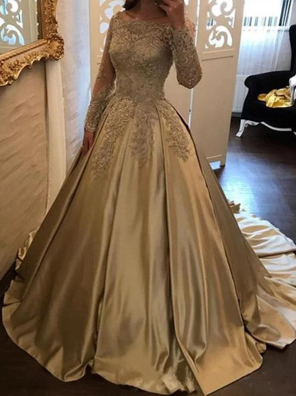 Champagne Gold Prom Dress with Sleeves, Pageant Dress, Evening Dress, Dance Dresses, Graduation School Party Gown