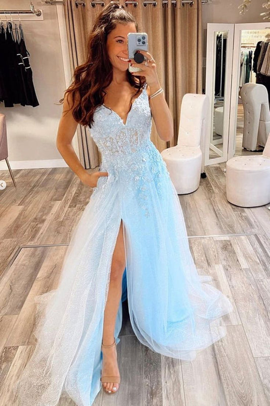 V-neck Light Blue Long Prom Dresses