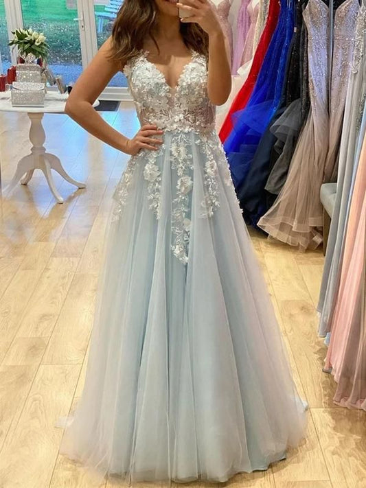 Strapless Tulle/Lace Long Prom Dresses