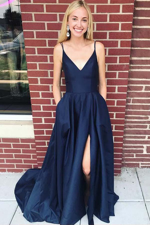 Navy Prom Dress with Slit, Evening Gown, Graduation School Party Dress