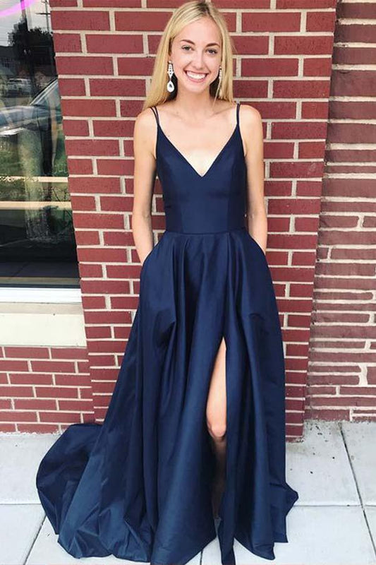 Navy Prom Dress with Slit,  Evening Gown, Graduation School Party Dress, Winter Formal Dress
