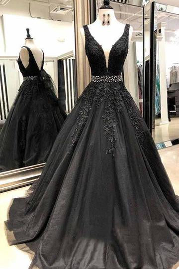 Black Prom Dress V Back, Evening Dress, Formal Dresses, Graduation School Party Dance Dress