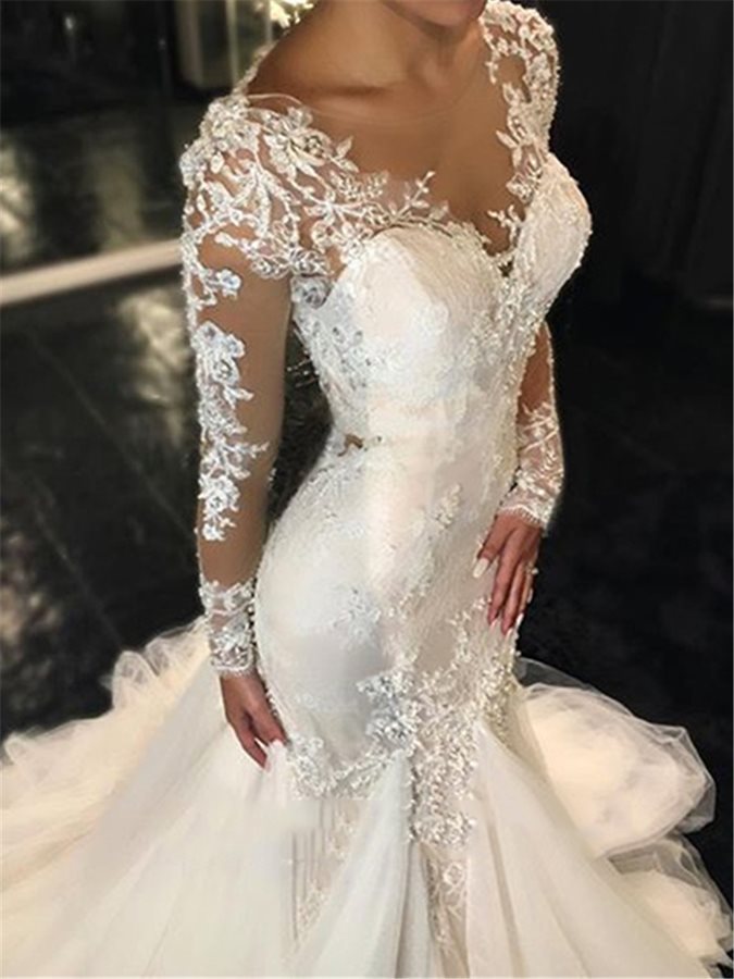 Sexy Mermaid Wedding Dress with Sleeves, Bridal Gown ,Dresses For Brides