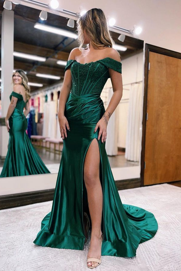 2024 Off the Shoulder Satin Prom Dresses Long with Lace Top and Slit 2024 Off the Shoulder Satin Prom Dresses Long with Lace Top and Slit