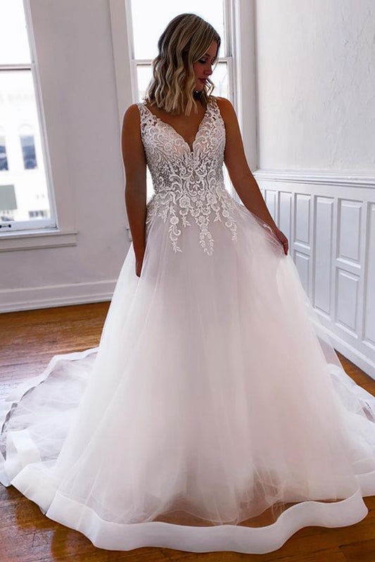 V-neck Lace/Tulle Ball Gown Wedding Dresses,Dresses For Wedding,Bridal Gown,Bride Dress,Dresses For Brides