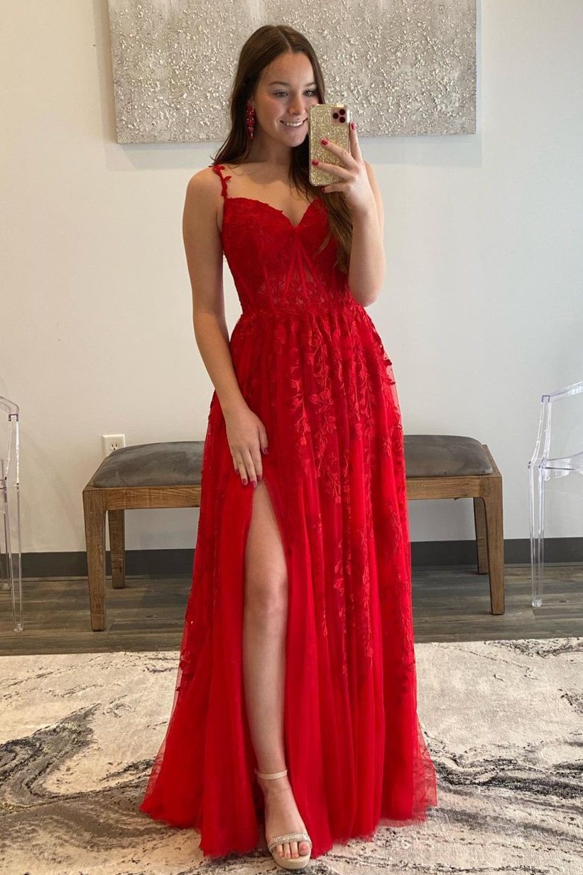 Straps Red Leaf Lace Long Prom Dress with Pearls