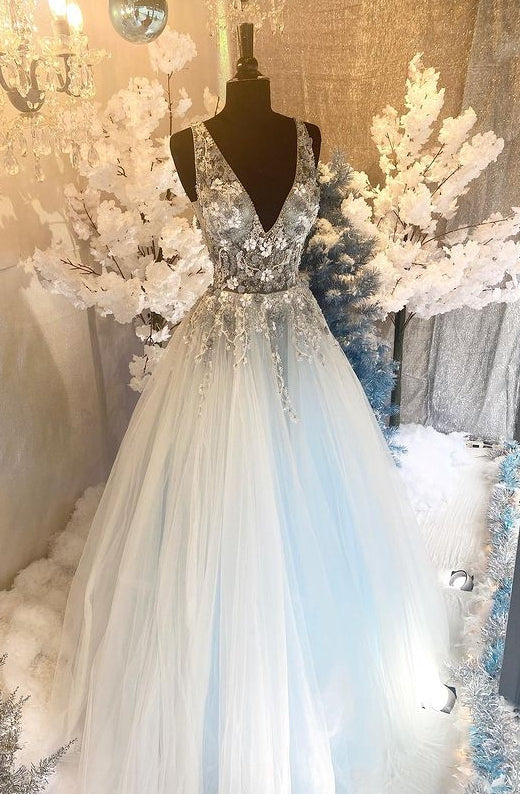 V-neck Tulle Long Prom Dress with Appliques and Beading,Prom Dresses,Pageant Dress