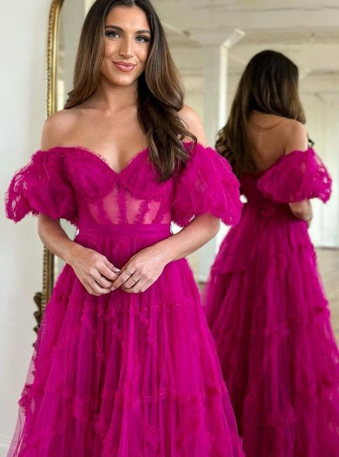 Tulle Long Prom Dresses with Sheer Corset Bodice and Balloon Sleeves