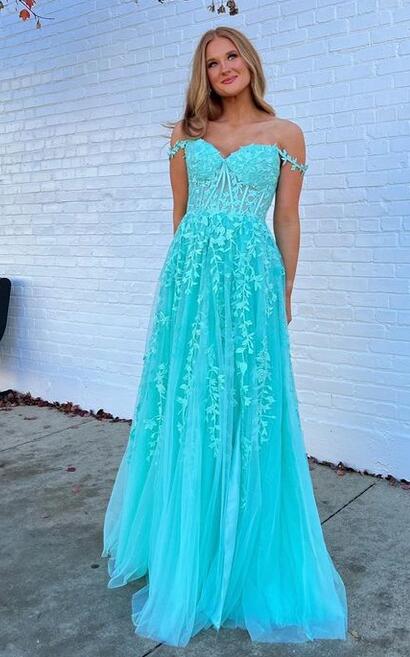 Off the Shoulder Leaf Lace Long Prom Dress with Pearls and Sheer Corset Bodice