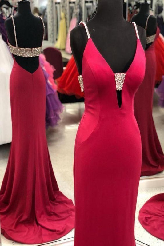 Stunning Elegant Mermaid Sexy Spaghetti Straps Beaded Red Prom Dress,Charming Backless Evening Dress,Dance Dress
