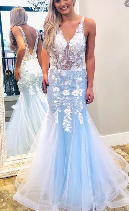 Mermaid Tulle Long Prom Dress with Appliques and Beading,Prom Dresses,Pageant Dress