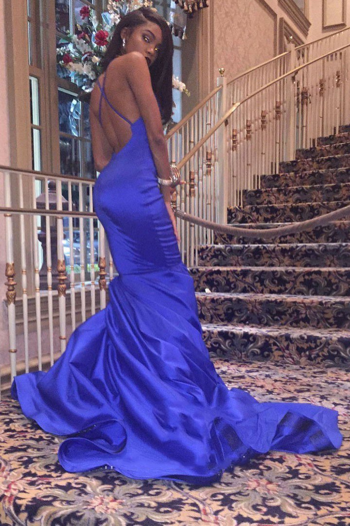 Charming Satin Mermaid Royal Blue V Neck Backless Criss Cross Long Prom Dress,Formal Dresses,Dance Dress
