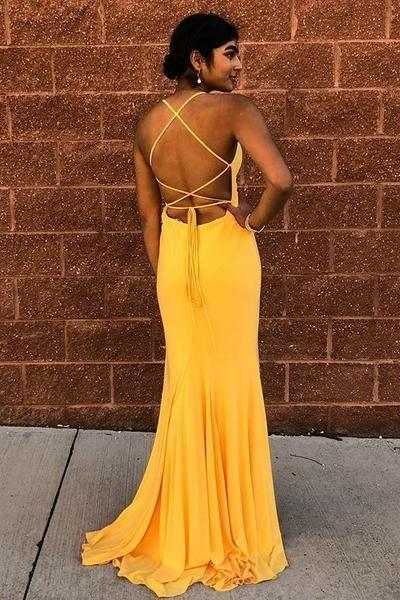 Sheath Yellow Halter Backless Lace Up Long Prom Dresses