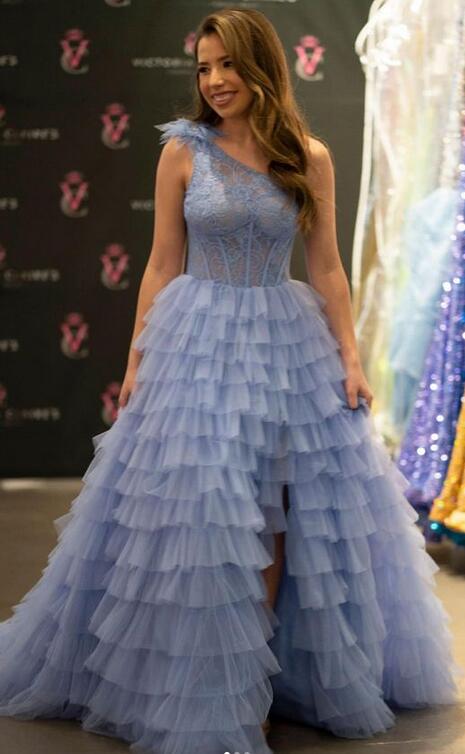 One Shoulder Tulle Long Prom Dress with Lace Bodice and Slit