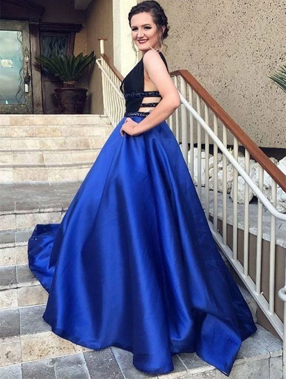 A Line Prom Dress Royal Blue and Black, Evening Dress, Formal Dresses