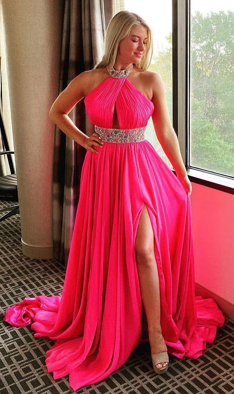 High Neck Long Prom Dress with Beading,Prom Dresses,Pageant Dress
