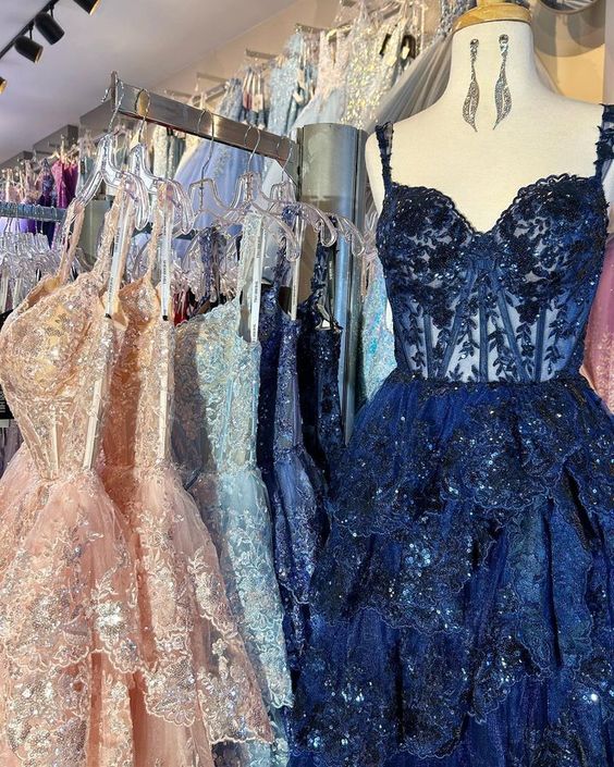 Tulle Sequins Long Prom Dress with Sheer Corset Bodice and Ruffle Skir