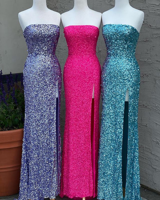 Strapless Sparkly Long Prom Dresses with Slit,Formal Dresses,Charming Dance Dress