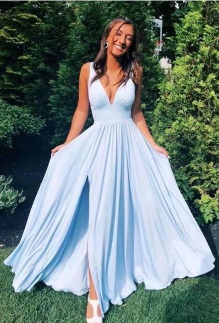 Sexy Light Blue Prom Dress with Slit, Prom Dresses, Pageant Dress, Graduation School Party Gown