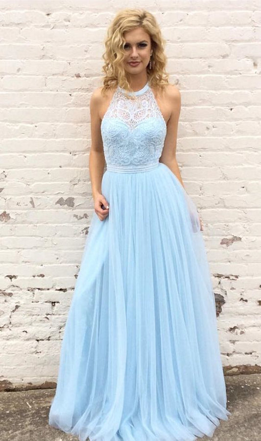Light Blue Prom Dresses Halter Neckline, Ball Gown, Dresses For Party, Evening Dress, Formal Dress
