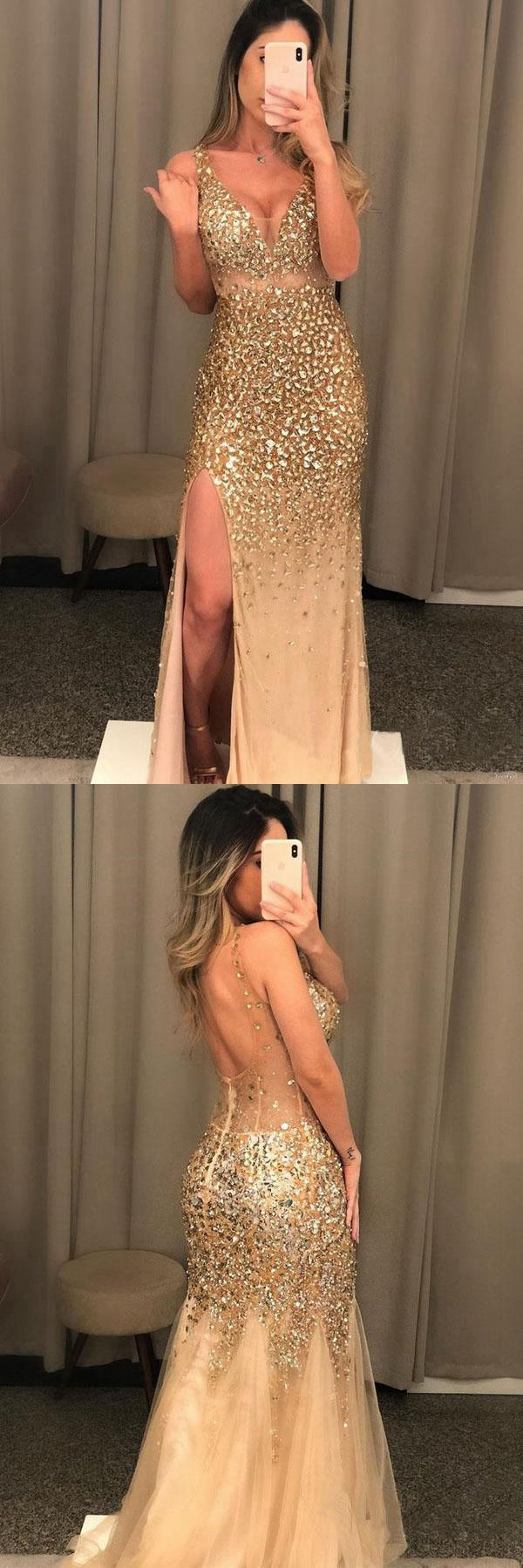 Sexy Shinning Prom Dress with Slit, Pageant Dress, Evening Dress, Dance Dresses, Graduation School Party Gown