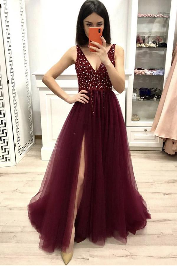 Beaded Prom Dress with Slit, Prom Dresses, Pageant Dress, Evening Dress, Ball Dance Dresses, Graduation School Party Gown